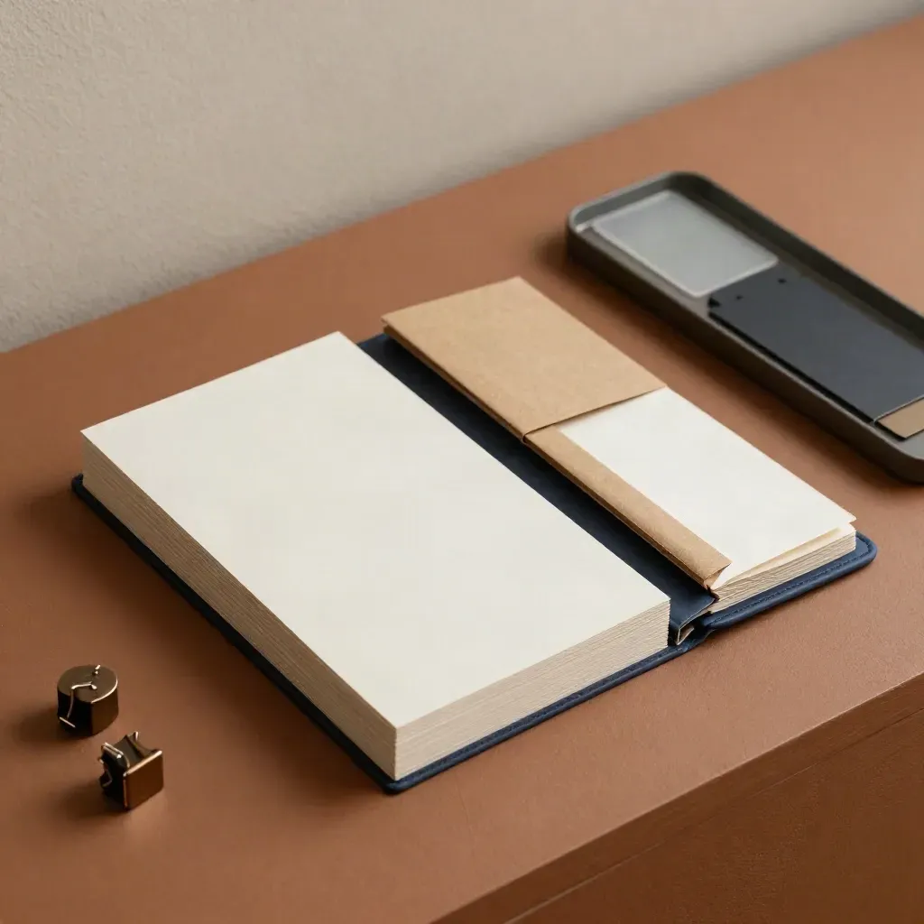 Survey-design card stacks, slim folder and tray on a warm plinth, overhead studio hero