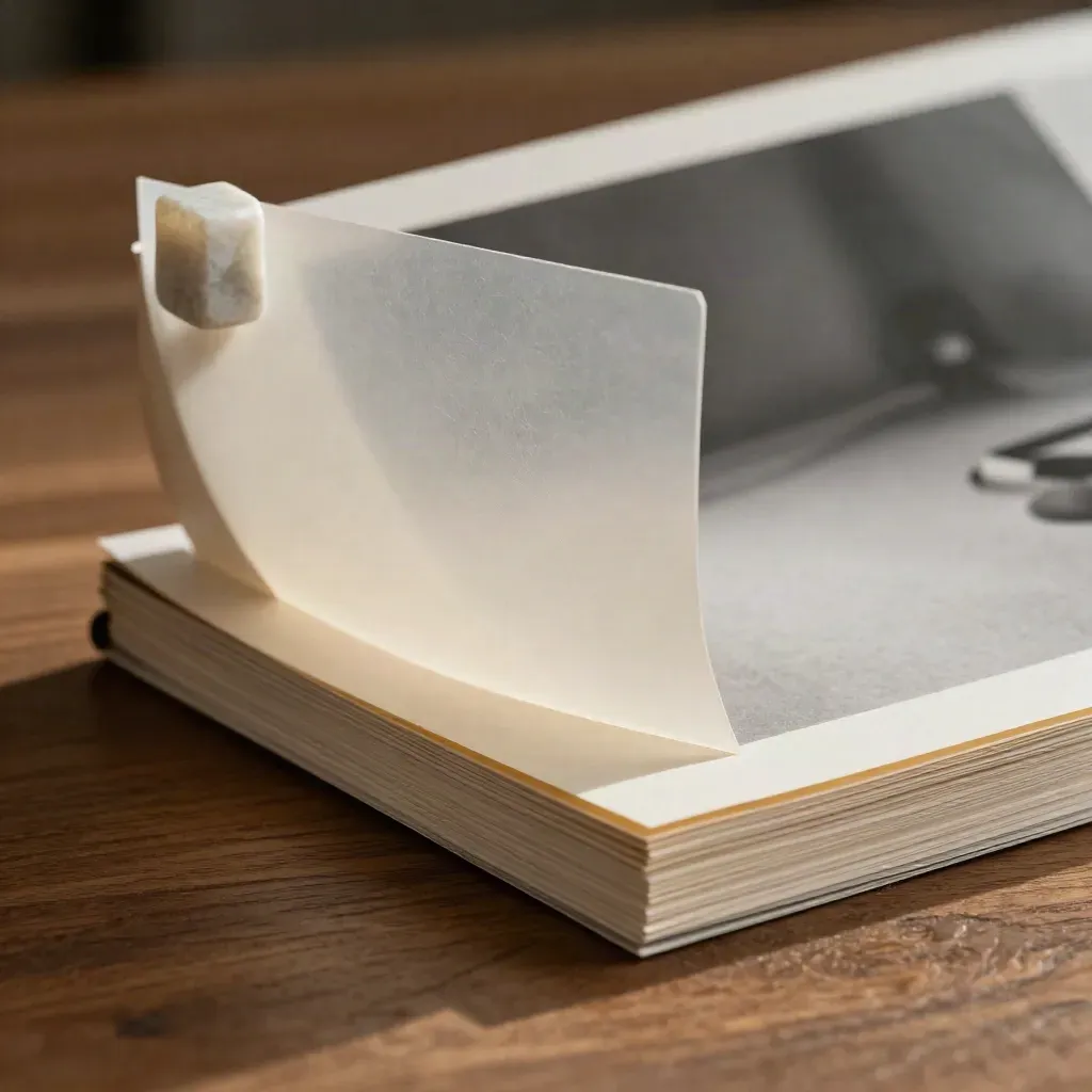 Macro of a translucent folio stack with layered paper edges and a small stone block.