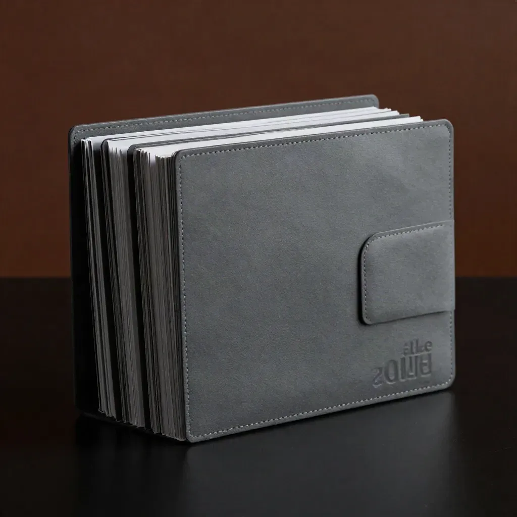 Side-on sales-call review folder with clipped sleeves and sealed pouch on a matte-black surface.